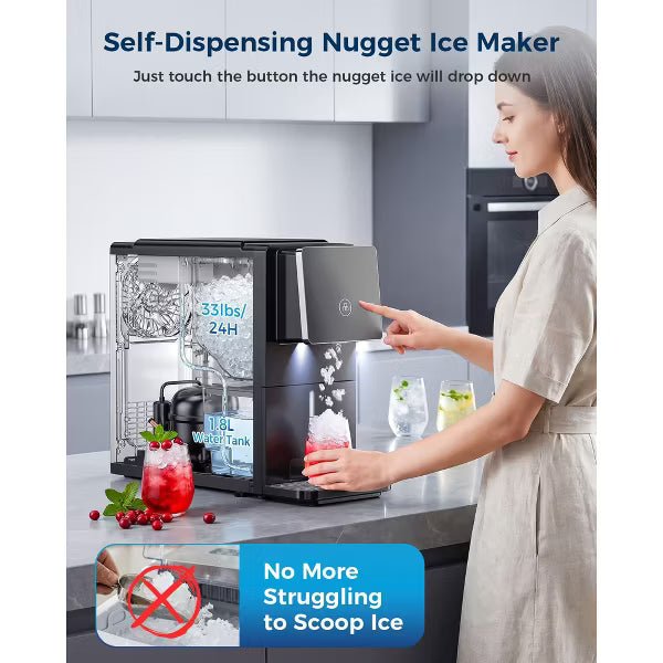 🔥Flash Sale🔥Countertop Nugget Ice Maker with One-Touch Dispensing – 33lbs/Day Production