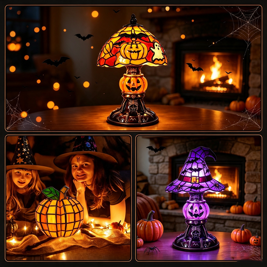 Halloween Stained Glass Light Collection – Pumpkin, Witch Hat & Lamp Set