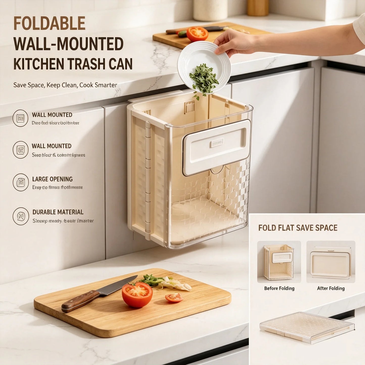 🏠 Small space savior! Folds into an "ultra-thin sheet" in 1 second. This wall-mounted bin keeps countertops neat forever✨
