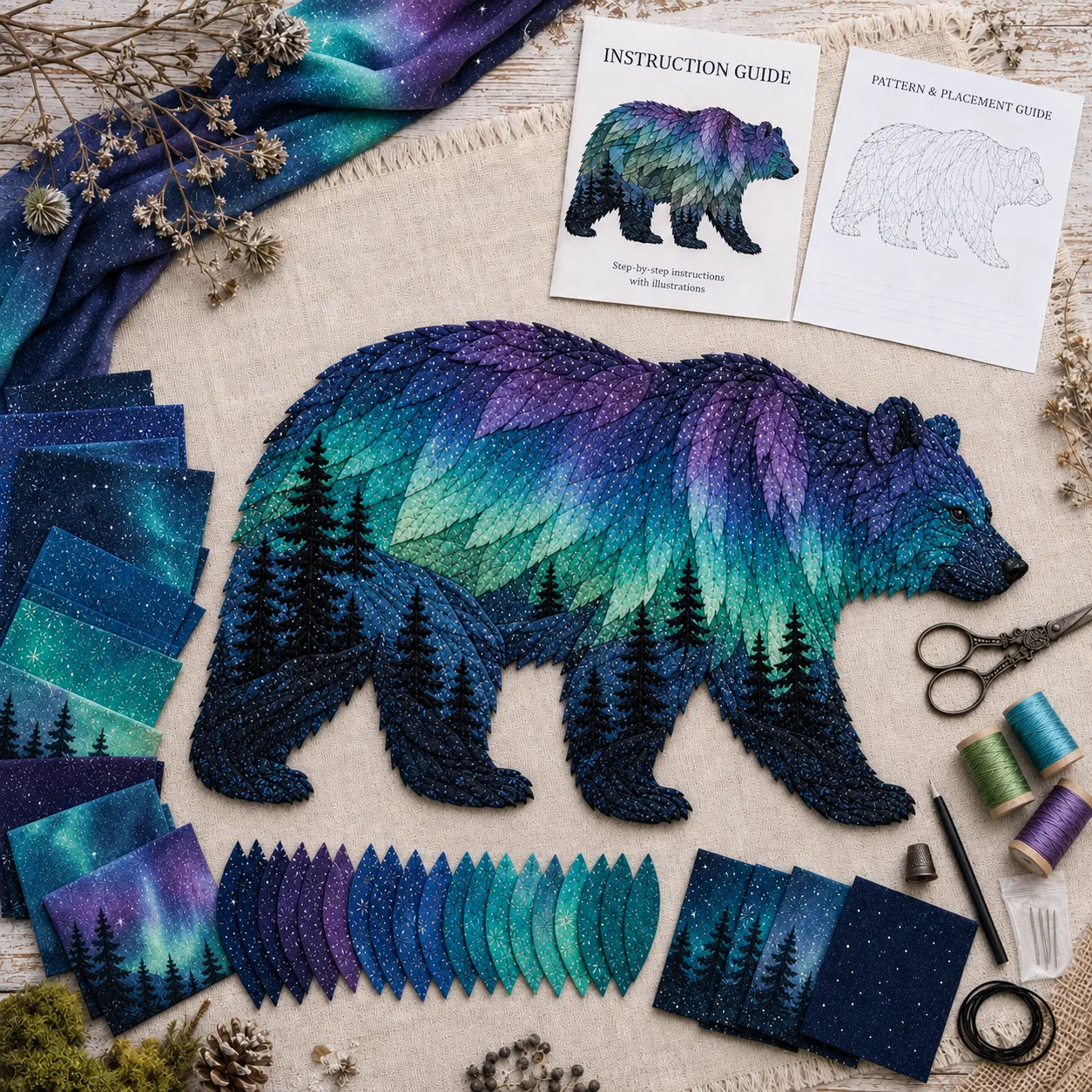 🌌 Beginner-Friendly Northern Lights Wildlife DIY Patchwork Kit | Complete Kit with All Tools & Step-by-Step Guide Included 💕