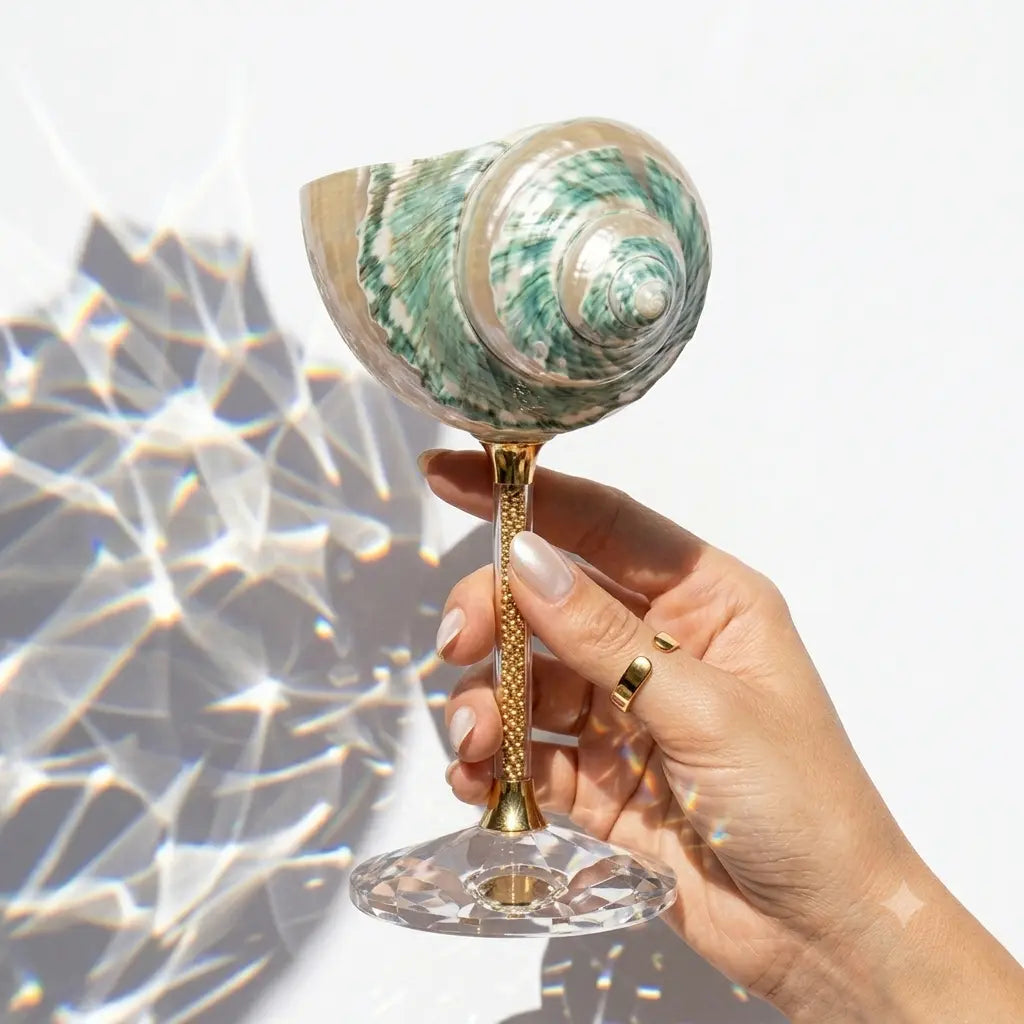 Handcrafted Green Galaxy Conch Shell Wine Glass – Natural Deep Sea Shell Goblet & Bar Decor