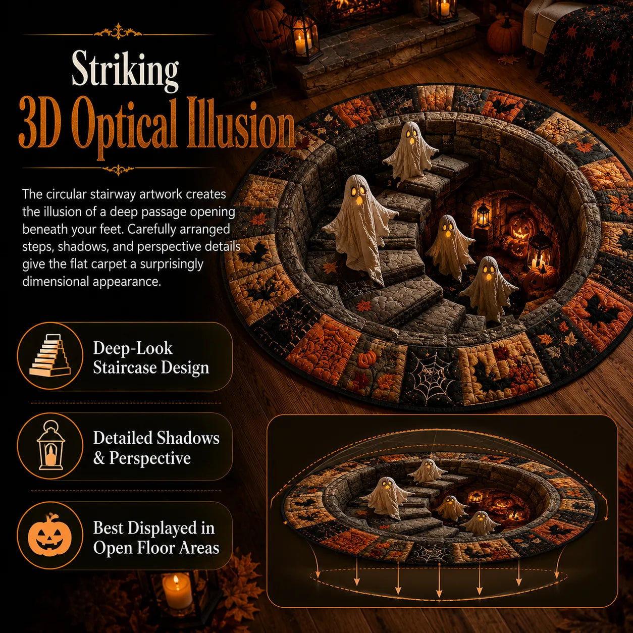 🔥 3D Haunted Staircase Round Rug – Spooky Halloween Optical Illusion 👻