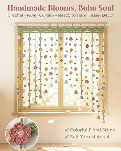 🌼 Handmade Crochet Floral & Bellflower Hanging Door Curtain, Cottagecore Boho Room Divider Decor