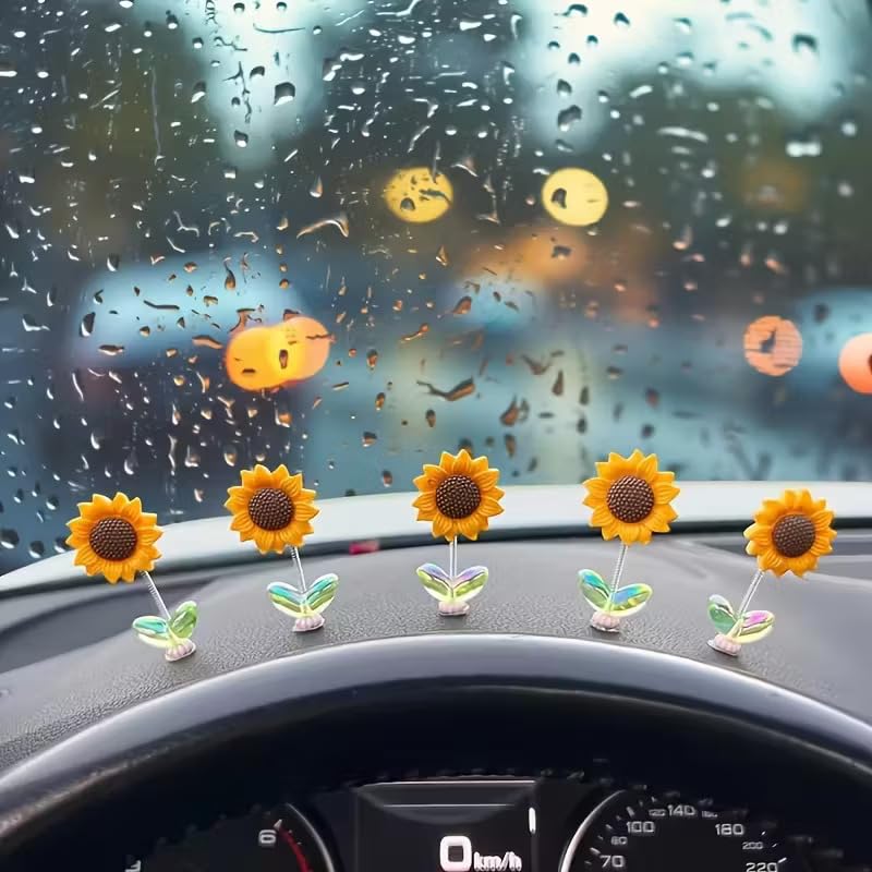 5 Pcs Car Dashboard Flower Decor Set Cute Mini Bobblehead Dancing Sunflowers for Car Interior Mirror Accessories Shaking Head Spring Toy Decorative Auto Ornament Gift