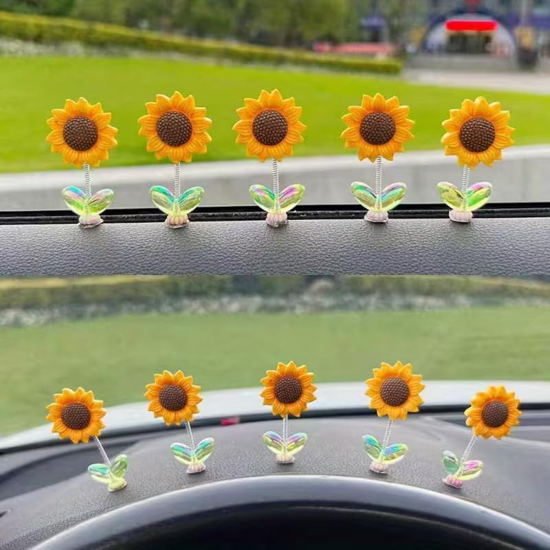 5 Pcs Car Dashboard Flower Decor Set Cute Mini Bobblehead Dancing Sunflowers for Car Interior Mirror Accessories Shaking Head Spring Toy Decorative Auto Ornament Gift
