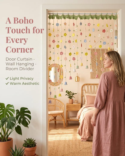 🌼 Handmade Crochet Floral & Bellflower Hanging Door Curtain, Cottagecore Boho Room Divider Decor