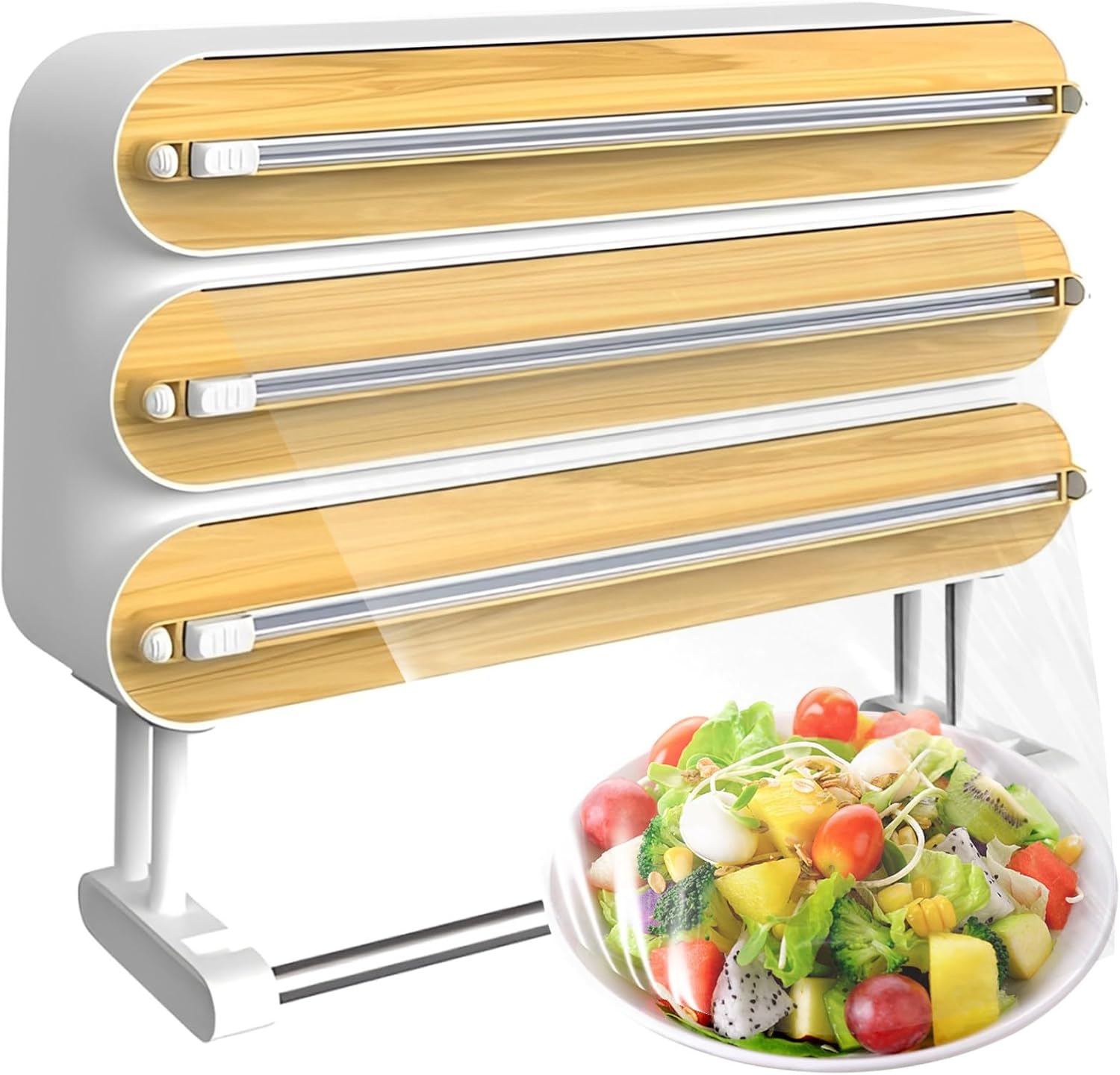 Kitchen Wrap Dispenser with Cutters Organize Aluminum Foil Plastic Wrap Wax Paper Wooden Design Storage Organizer with Easy Tear System for Countertop Pantry and Kitchen Cabinet (3in1)