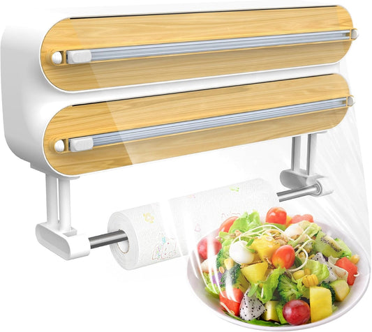 Kitchen Wrap Dispenser with Cutters Organize Aluminum Foil Plastic Wrap Wax Paper Wooden Design Storage Organizer with Easy Tear System for Countertop Pantry and Kitchen Cabinet (3in1)