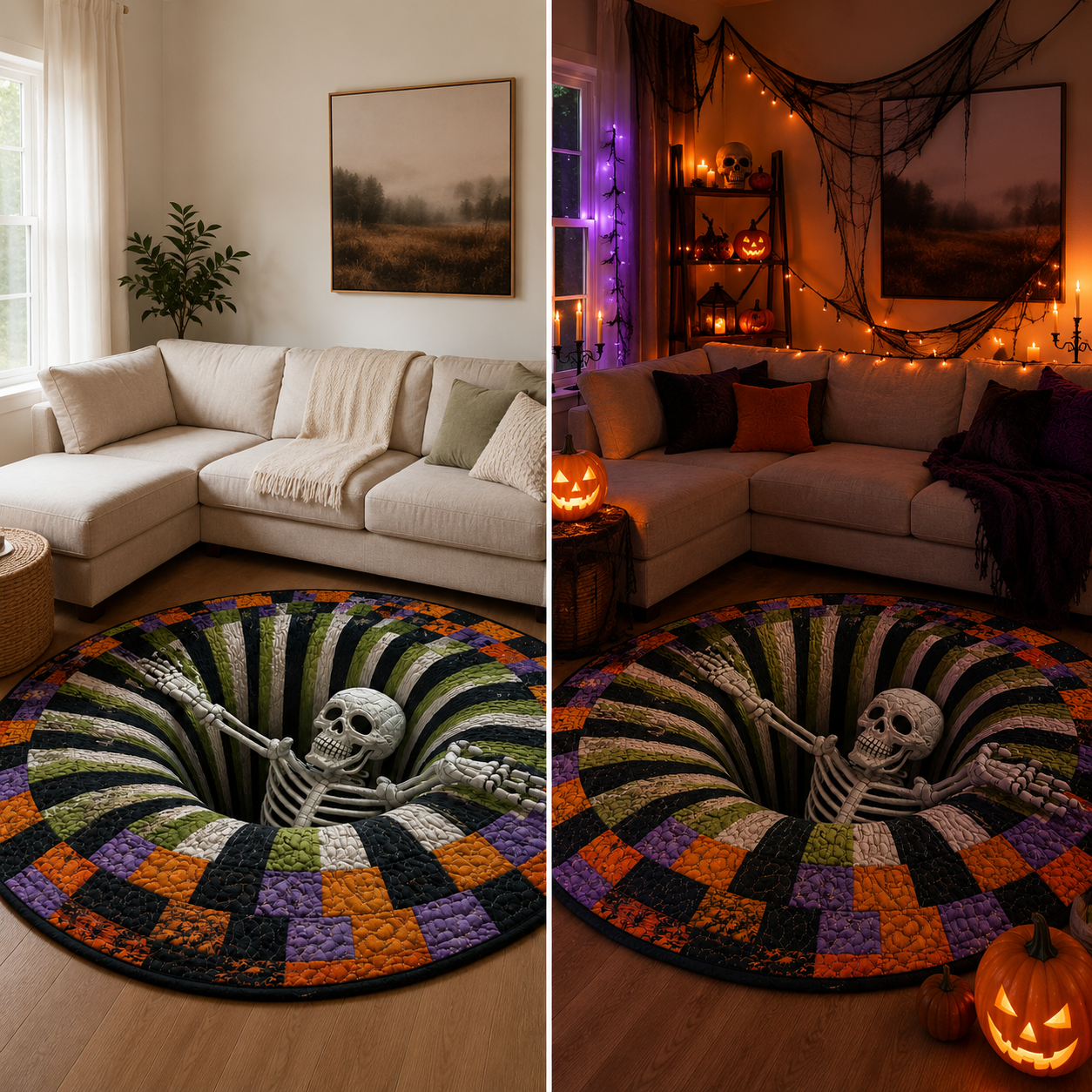 🎃3D Skeleton Vortex Quilted Round Halloween Rug