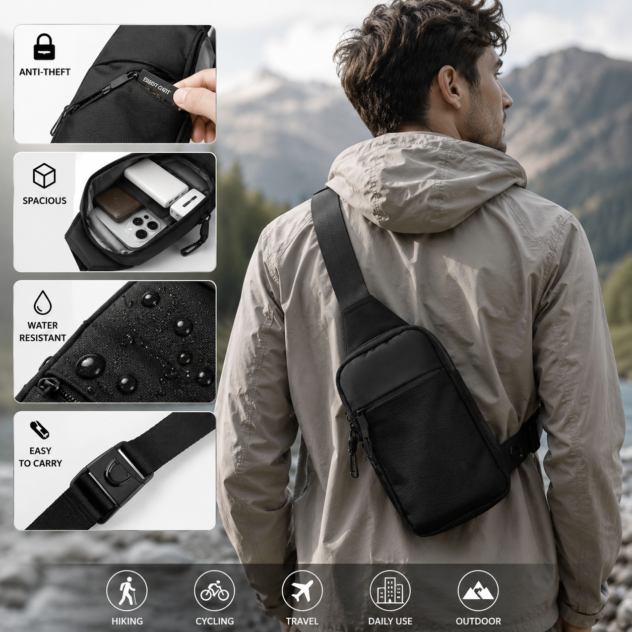 Anti-Theft Everyday Sling Bag – Lightweight Crossbody Travel Pack
