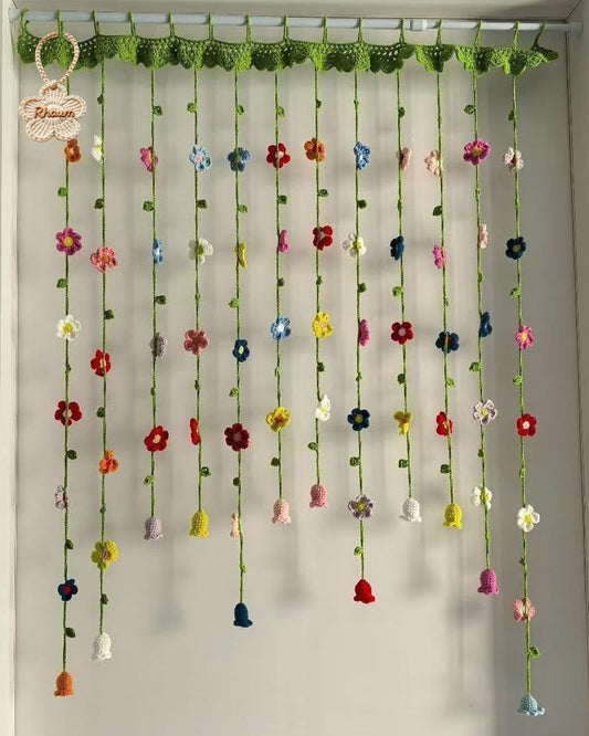 🌼 Handmade Crochet Floral & Bellflower Hanging Door Curtain, Cottagecore Boho Room Divider Decor