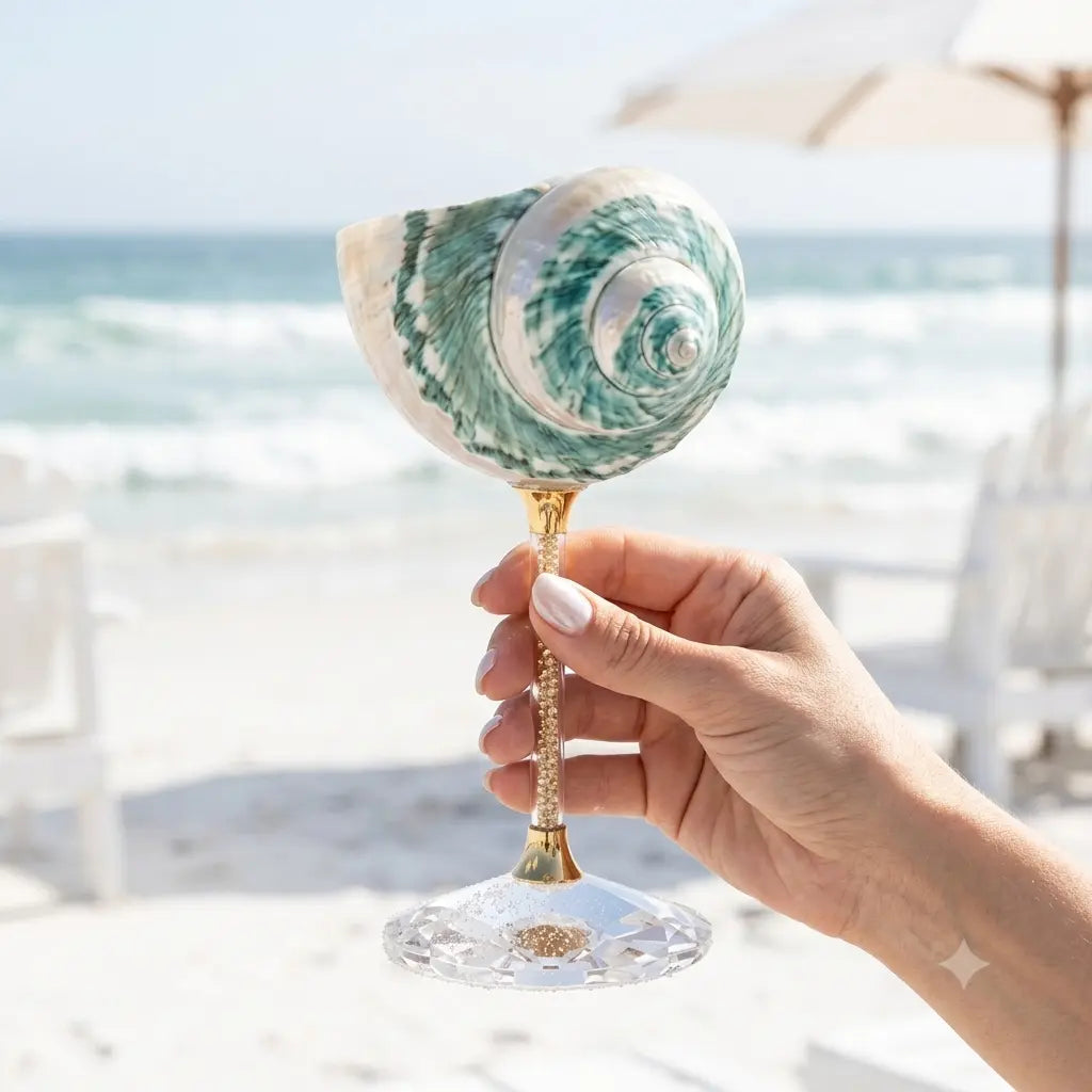 Handcrafted Green Galaxy Conch Shell Wine Glass – Natural Deep Sea Shell Goblet & Bar Decor