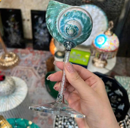 Handcrafted Green Galaxy Conch Shell Wine Glass – Natural Deep Sea Shell Goblet & Bar Decor