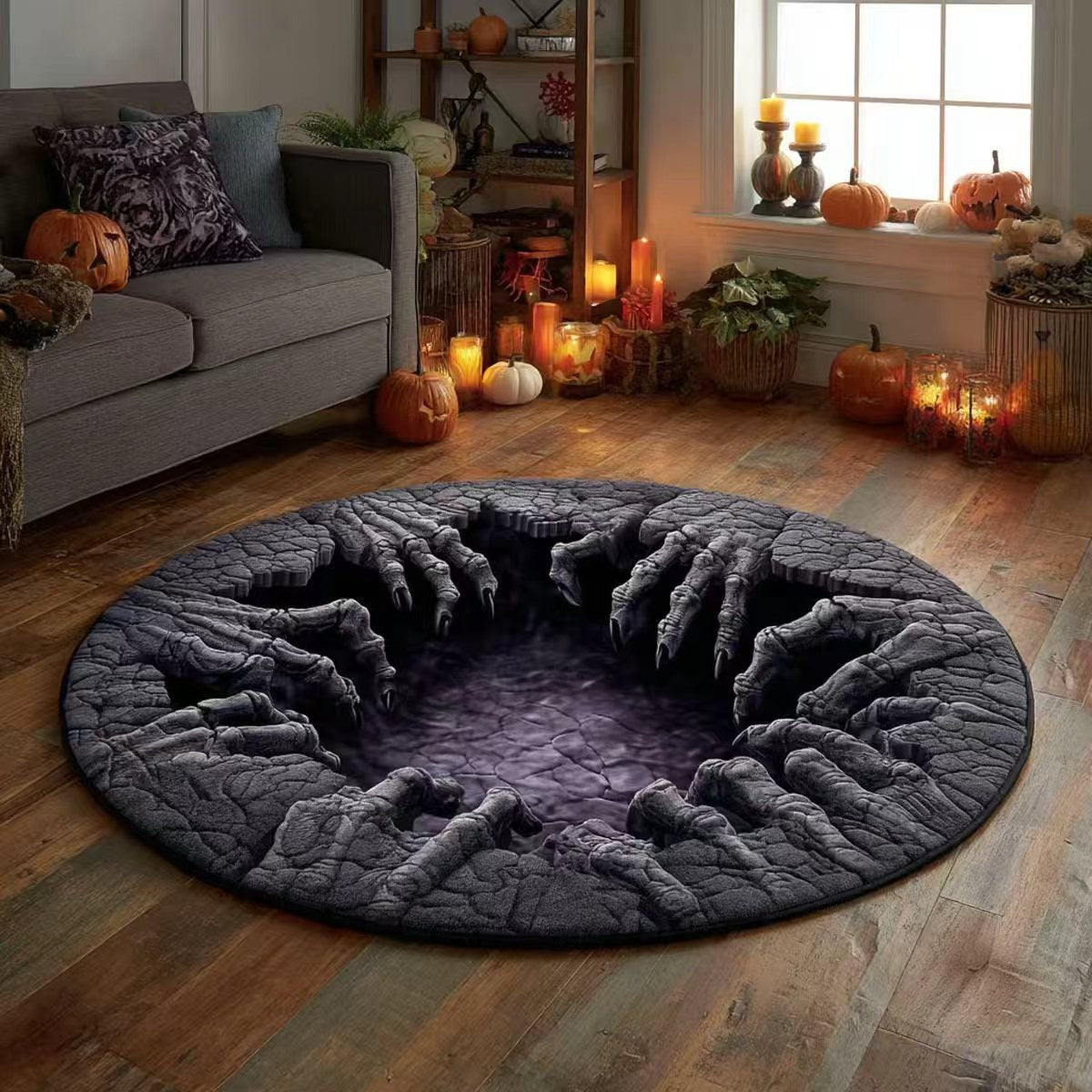 🎃3D Skeleton Vortex Quilted Round Halloween Rug