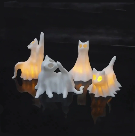 Ghost Cats with LED Tea Lights - Halloween Home Decor - Gifts for Cat Lovers - Office Desk Autumn Decor - 3D Printed Ghost Pet Night Light
