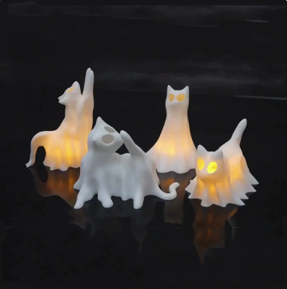 Ghost Cats with LED Tea Lights - Halloween Home Decor - Gifts for Cat Lovers - Office Desk Autumn Decor - 3D Printed Ghost Pet Night Light