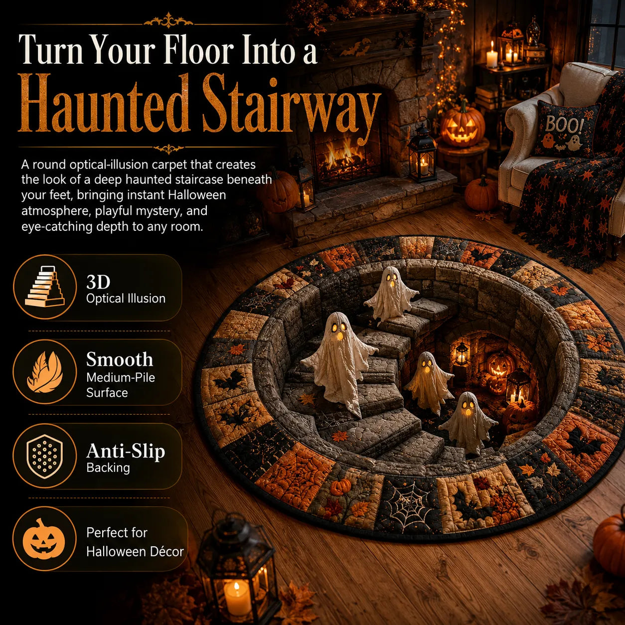 🔥 3D Haunted Staircase Round Rug – Spooky Halloween Optical Illusion 👻