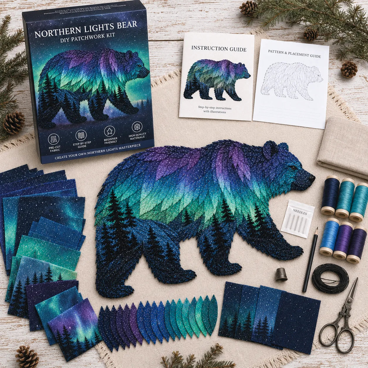 🌌 Beginner-Friendly Northern Lights Wildlife DIY Patchwork Kit | Complete Kit with All Tools & Step-by-Step Guide Included 💕