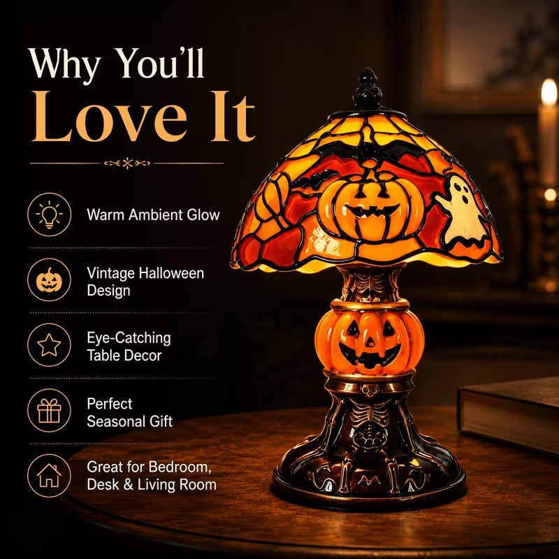 Halloween Stained Glass Light Collection – Pumpkin, Witch Hat & Lamp Set