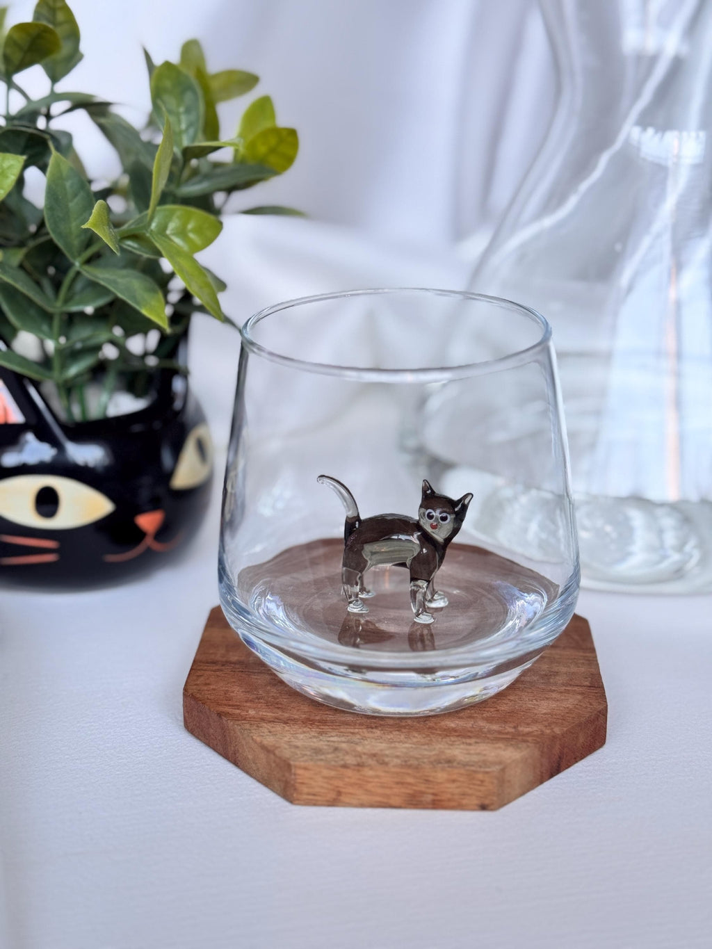 Handmade Murano Glass Cat Wine Glass | 3D Figurine, Stemless