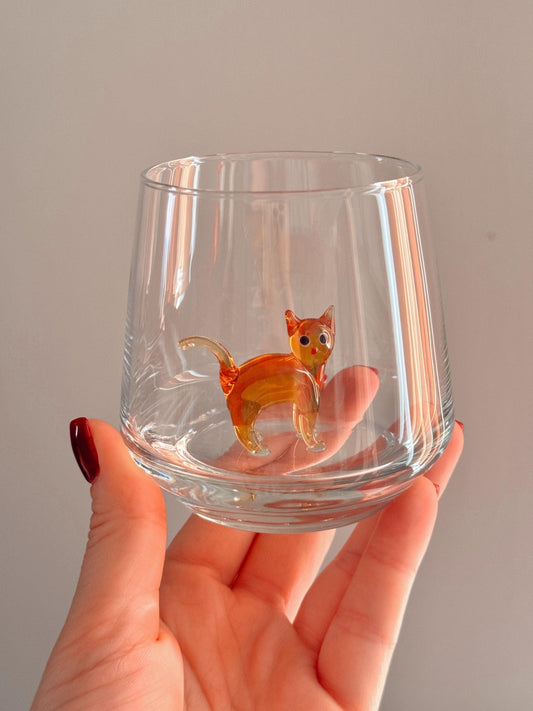 Handmade Murano Glass Cat Wine Glass | 3D Figurine, Stemless