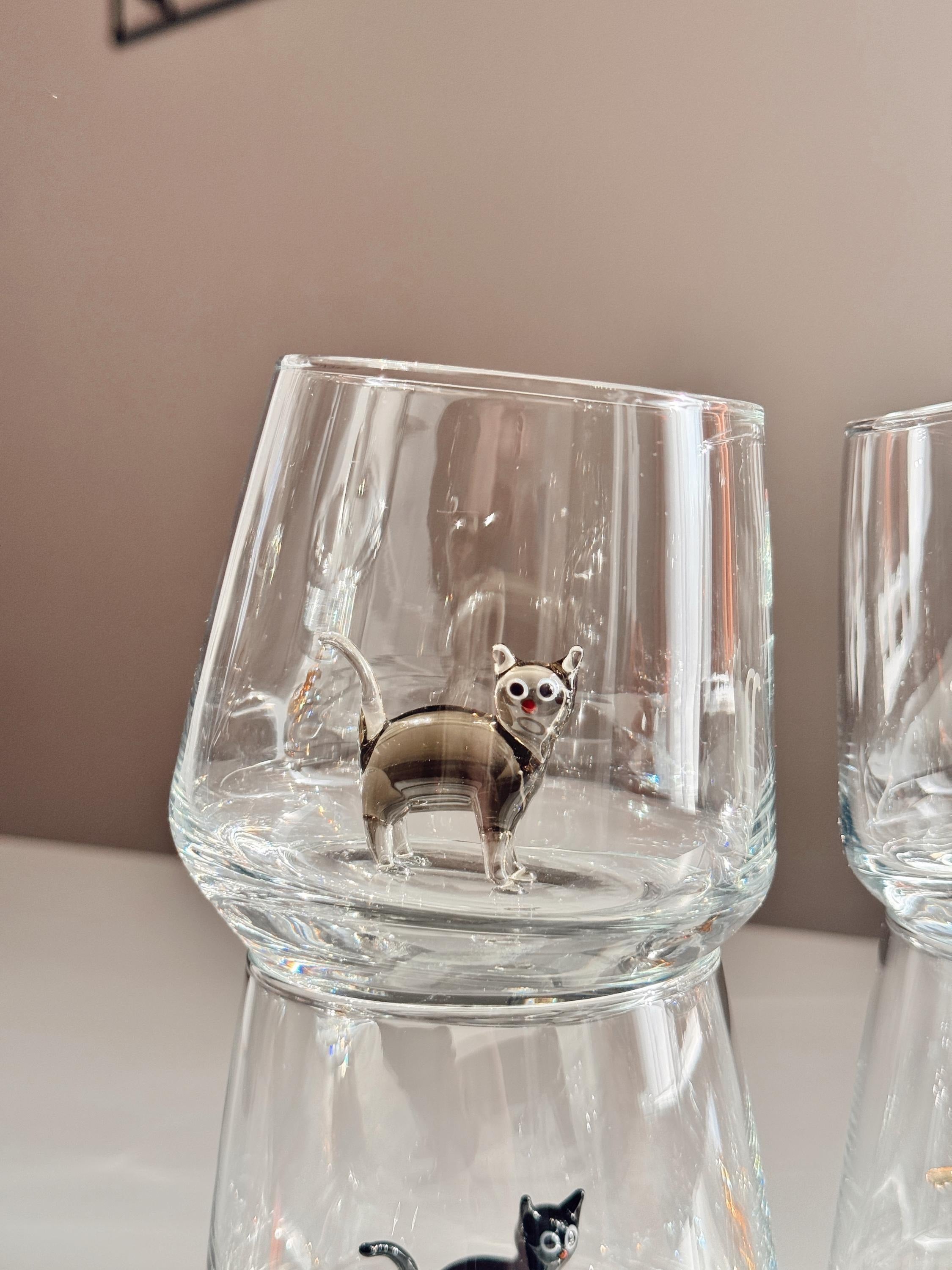 Handmade Murano Glass Cat Wine Glass | 3D Figurine, Stemless