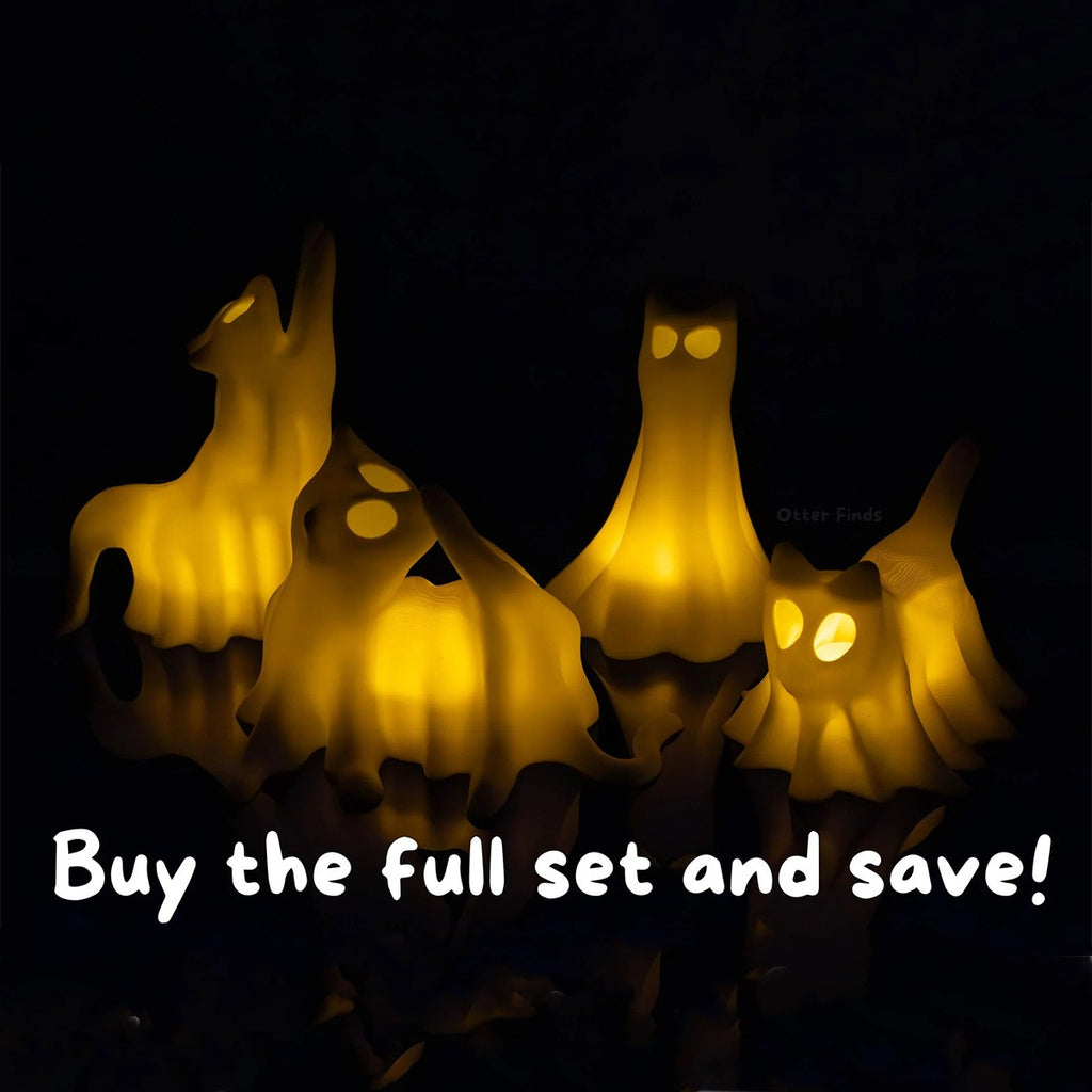 Ghost Cats with LED Tea Lights - Halloween Home Decor - Gifts for Cat Lovers - Office Desk Autumn Decor - 3D Printed Ghost Pet Night Light