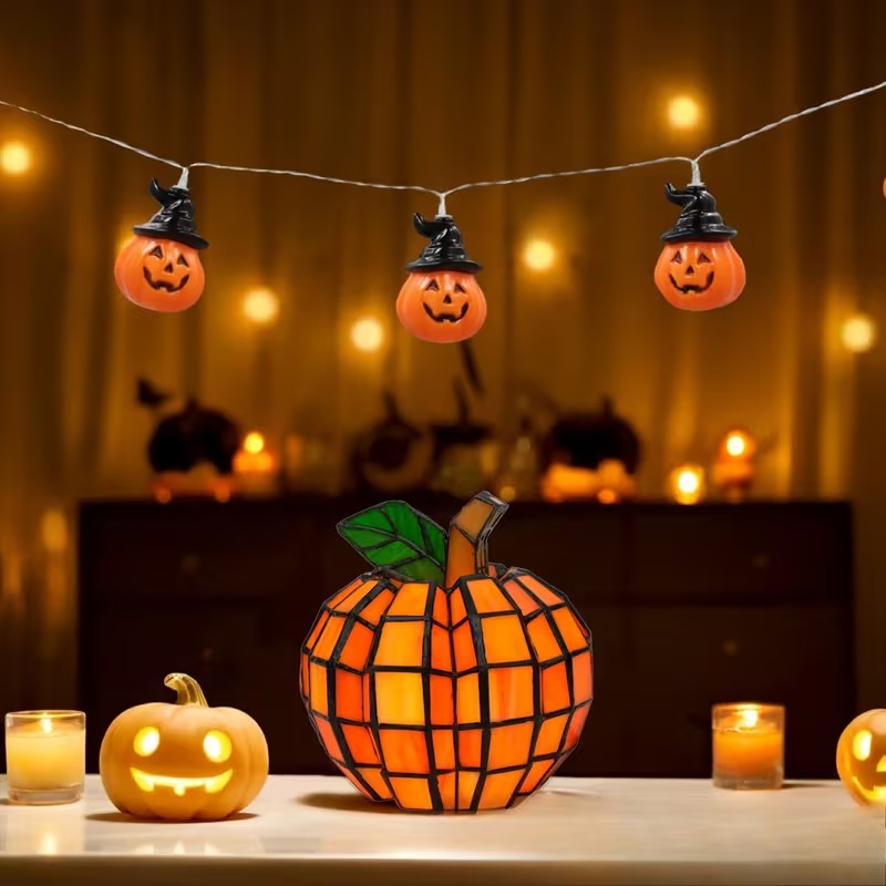 Halloween Stained Glass Light Collection – Pumpkin, Witch Hat & Lamp Set